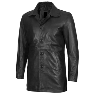 Men's <b>Black</b> Genuine Leather Long Trench Coat Notched Lapel Single Breasted Regular Sleeve - Product Image 5