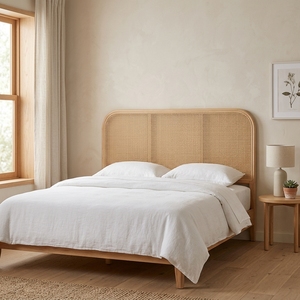 New Independent Furniture Modern Minimalist Woven Mesh <b>Rattan</b> Headboard <b>Bed</b> <b>Frame</b> Wood Eco-Friendly Brown Microfiber Upholstered - Product Image 3