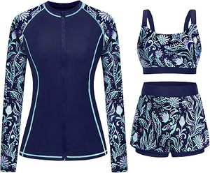 Women's 3 Piece Swimwear Set <b>Long</b> <b>Sleeve</b> Top Bandeau Bra Shorts Floral Print Contrast Binding Spandex Polyester Quick Dry - Product Image 3