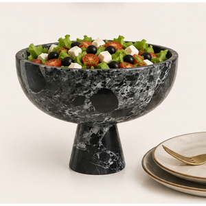 Bol sur piédestal en marbre noir de luxe, bol à fruits en pierre naturelle sur pied, centre de table moderne, décoration d'intérieur, prix d'usine - Product Image 2