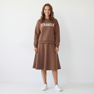 Women Long Sleeve Creww Neck Sweatshirt <b>Skirts</b> SeT 100% Cotton Mid <b>Elastic</b> <b>Waist</b> Breathable Baggy Sweatshirt Fleece <b>Skirts</b> Set - Product Image 1