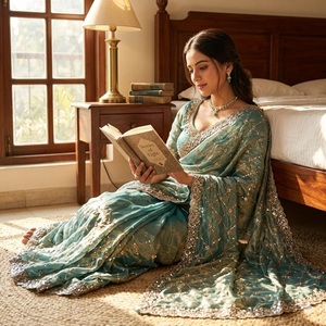 Luxury Handcrafted <b>Tissue</b> Organza Silk Saree Heavy Cutdana Hand Work Embroidery Swarovski Crystals Indian <b>Wedding</b> Party Bridal - Product Image 1