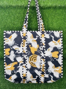 Crane Print Handmade Tote <b>Bag</b> | Quilted Cotton Shoulder Tote <b>Bag</b> In Black, White & Mustard |Large Everyday Travel & Shopping <b>Bag</b> - Product Image 6