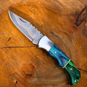 Couteau pliant de camping fait main à lame droite en acier Damas cuivré, avec étui en cuir de qualité DIY - Product Image 3