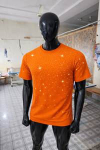 Camiseta Casual de Manga Corta para Hombre, Color Naranja, con Pedrería Brillante, Estilo Urbano, con Estampado de Diamantes Brillantes, a la Moda - Product Image 5
