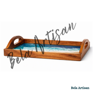 Plateau de service artisanal en bois et résine, motif rivière, style Art Déco, avec poignées, pour mariage, Diwali, cuisine, maison, hôtel - Product Image 3