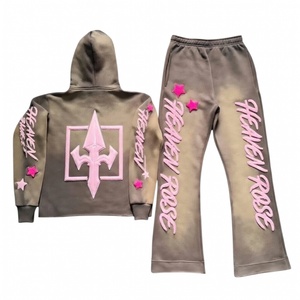 ชุดเซ็ตฮู้ดดี้ผ้าเชนิลล์แบบย้อมสีเอซิดพร้อมกางเกงขายาวทรงบาน สไตล์สตรีทแวร์สำหรับทุกเพศ  รับผลิตตามแบบ OEM ขายส่งจำนวนมาก ชุดสองชิ้น - Product Image 2