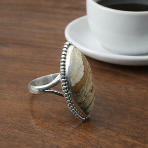 Anillo de Plata de Ley 925 con Incrustaciones de Jaspe, Hecho a Mano, Forma Marquesa, Marco con Cuentas, Joyería Boho, Chapado en Oro Rosa y Oro Amarillo - Product Image 3