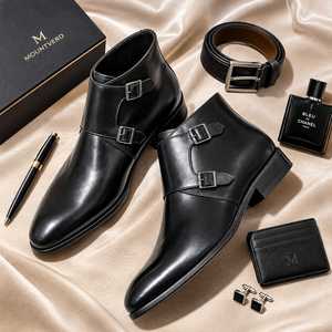 Bottes Chelsea classiques de luxe en cuir véritable pour hommes, bottes habillées à enfiler, noires, à bout rond, chaussures de ville formelles - Product Image 1