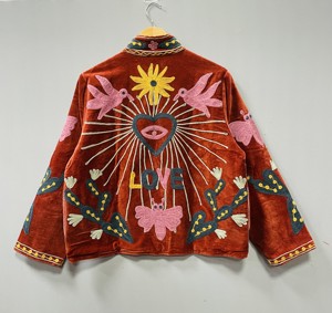 Chaqueta de Terciopelo Bordada con Cuello Mandarín, Manga Larga, Patrón Floral, Bordado a Mano, Cálida, Informal, para Otoño - Product Image 2