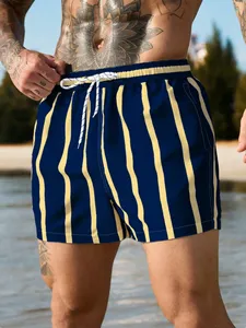Shorts de bain rayés pour hommes avec cordon de serrage à la taille et poches, pour la plage - Product Image 1