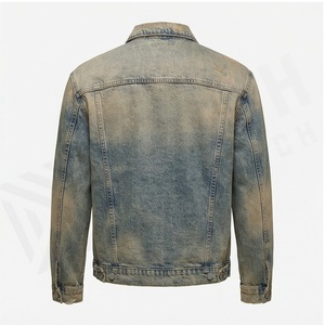 Veste en jean personnalisée vintage pour hommes, à la mode, lavée à l'acide avec trous en détresse, logo avant, vente en gros de jeans unis d'hiver - Product Image 3