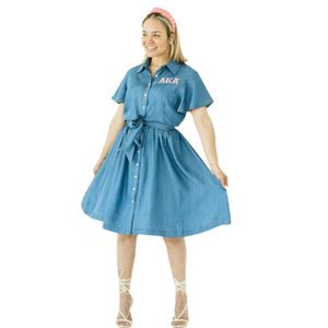 Vestido de mezclilla con mangas con volantes para mujer, azul, con botones frontales, estilo casual, línea A, ligero, para verano, atuendo de hermandad griega - Product Image 1