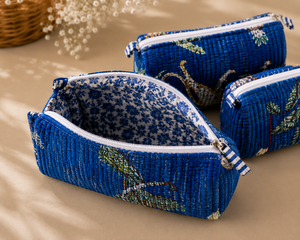 Cotton Quilted Bohemian Eco-Friendly Cosmetic Bag Set 3Pcs Blue Animal Palm Print Zipper <b>Makeup</b> Pouch Travel for Bags - Product Image 1