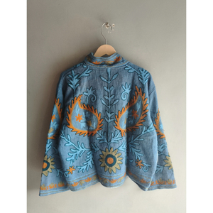 Hand Embroidered Quilted Stripe Floral Cotton Jacket V-neck Full Sleeve Covered <b>Button</b> Closure Spring Women's Outerwear Gift - Product Image 6