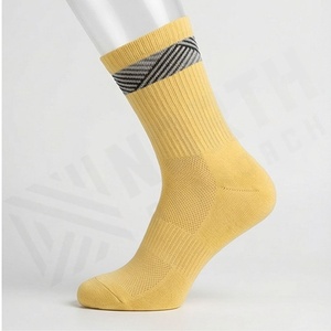 Yellow Crew <b>Socks</b> With Gray Striped Band Breathable Knitted Cotton Adult Daily Casual Wear Spring Season - Product Image 3