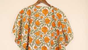 Hand Block Printed Orange Pomegranate Cotton <b>Kaftan</b> Dress Drawstring Waist Loungewear - Product Image 4