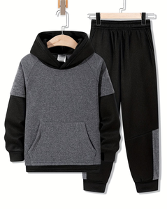 Customized Brand 2pcs Set Boys Outfit Long Sleeve Pullover Hoodie Joggers Autumn/Winter Solid Color Polyester/Cotton Casual Logo - Product Image 1