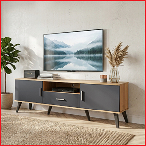 Mueble de TV Moderno Essence de 180 cm, Roble Gris Oscuro, Aglomerado, TV6074, 2 Puertas, 1 Cajón, Correderas Metálicas, Almacenamiento Lavable, para TV de 65+ Pulgadas, para Apartamento - Product Image 1