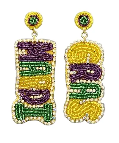 Brincos de argola com franjas de contas para comemoração do Mardi Gras, joia com máscara de penas e miçangas quadradas de sementes, com contas para comemoração do Mardi Gras