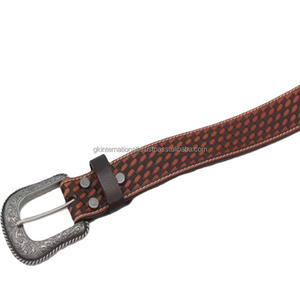 Ceinture en cuir occidentale unisexe de haute qualité, motif tressé, gravée à la main, avec boucle en laiton gravée de motifs floraux - Product Image 3