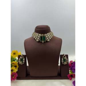 Indian Ethnic Mira Moissanite Gold Plated Bridal Choker Necklace & Earring Set - Product Image 1