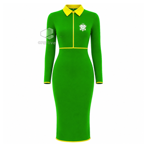 Vestido Midi Ajustado Verde para Mujer Chi Eta Phi con Cuello Polo Amarillo en Contraste, Cierre de Cremallera de Cuarto y Manga Larga, Estilo Casual - Product Image 1