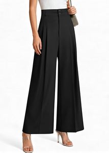 Pantalones anchos de cintura media para mujer, negros lisos de lona, casuales, plisados, de largo completo, ajuste holgado, cintura elástica, estilo lavado para otoño - Product Image 3