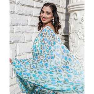 Sari en Georgette et Chiffon Bleu Floral, Doux et Résistant, Toutes Saisons, Élégant, Imprimé avec des Volants - Product Image 6