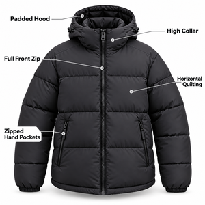 Male <b>Jacket</b> Charcoal Black Nylon <b>Padded</b> <b>Hooded</b> Zip up Horizontal Quilted Baffle Winter Puffer <b>Jacket</b> - Product Image 4