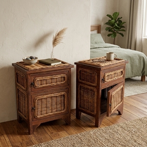 New Modern Minimalist Ambon Wooden Storage Cabinet Natural Rattan Wicker Drawer Door <b>Side</b> <b>Table</b> Storage Unit Living Room Bed - Product Image 4