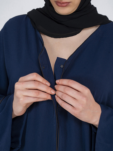 Women Long Navy Blue Solid Color Polyester Abaya Lightweight Daily Wear <b>Hijab</b> Style Dress Full Length V-Neck Design - Product Image 6