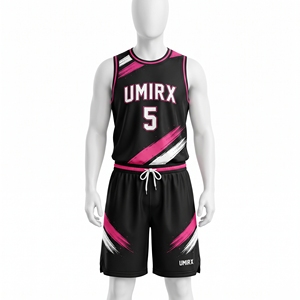 Conjunto de Uniforme de Baloncesto Personalizado con Diseño de Pinceladas, Jersey Sublimado Negro y Rosa, Pantalones Cortos de Doble Capa, Nombre del Equipo, Número, 100% Malla de Poliéster - Product Image 1