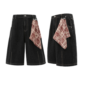 Shorts en jean unisexe American Vintage Rétro, coupe ample, style décontracté d'été, avec motif foulard carré color-block, tissé, coupe droite mi-longue - Product Image 3
