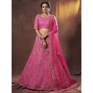 Lehenga Choli de Seda Bordado Rosa Dori para Boda con Dupatta - Product Image 1