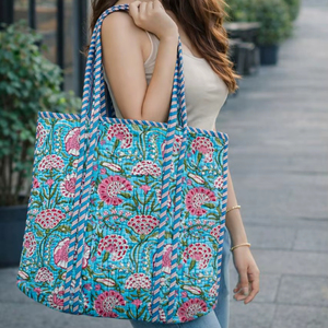 Bolsa de Mano de Algodón Estampada a Mano para Mujer, Bolsas de Compras Ecológicas Acolchadas Estilo Indio, Accesorios para las Fiestas - Product Image 1