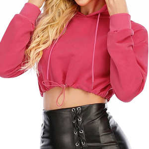 Sweat à capuche court personnalisé pour femme avec cordon de serrage, manches longues, rose uni, style décontracté, vente en gros, mode streetwear - Product Image 4