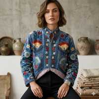 Blouson Bomber en Velours Tricoté Matelassé Brodé Suzani, Fait Main, Motif Floral Bohème, Manches Longues, Automne, Nylon, Lettres