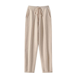 TR-WCP-015 Women's Pure Cashmere Thickened Four-Gauge Double-Stripe Pocketed Drawstring Cashmere Slim-Fit Pants For Women's - Product Image 1