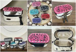 Boîte à bijoux de voyage haut de gamme 2026 en cuir de vachette véritable fait main, motif floral western, étui de rangement zippé pour femme - Product Image 3