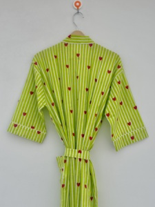 Women Cotton Heart Printed V-neck <b>Kimono</b> Robe Striped Long Sleeve Belted Knee Length Boho Summer <b>Beach</b> Resort Wear Hand Block - Product Image 5