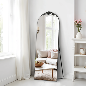25\"*63\" Wooden Right-Angled <b>Arched</b> <b>Black</b> Full-Length <b>Mirror</b> with Stand Framed Hanging Leaning Wall for Living Room Bedroom - Product Image 1