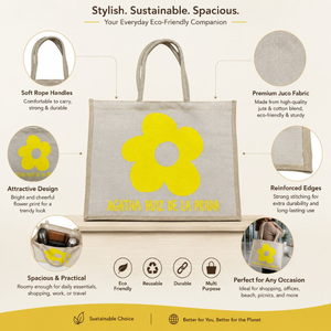 Bolsa de Compras de Yute Ecológica con Estampado Floral | Bolsa de Yute Natural Reutilizable con Asas de Cinta Suave para Compras y Regalos - Product Image 6