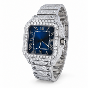 Reloj de Lujo con Esfera Azul Completamente Adornada con Moissanita, Reloj Unisex de Acero Inoxidable con Números Romanos y Visualización de Fecha - Product Image 6