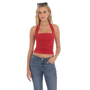 Top Corto Rojo Elegante de Verano para Mujer, Transpirable, con Cuello Halter, Bordado, con Botones, Manga Corta, Casual, Ecológico, de Spandex/Algodón - Product Image 4