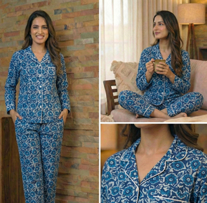Conjunto de Pijama Floral de Algodón Índigo Tejido Térmicamente para Mujer, Ropa de Dormir de Dos Piezas con Diseño a Mano, Venta al Por Mayor en India - Product Image 3