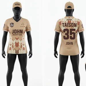 เสื้อเจอร์ซีย์ยิงธนูหญิง 160 GSM ผ้าโพลีเอสเตอร์ระบายอากาศได้ดี พรีเมียม สีเบจ-น้ำตาล พิมพ์ลายแบบซับลิเมชั่น รับสกรีนโลโก้ ชุดทีม - Product Image 1