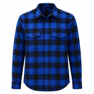 Camisa de Franela a Cuadros de Manga Larga Personalizable de Alta Calidad para Hombre, Corte Regular, Casual, Azul y Negro, Tejido Entrecruzado, Manga Larga, Cuello Camisero - Product Image 1