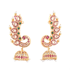 Vintage Peacock Feather Drop Earrings with Pearl and Diamond Accents - Product Image 1