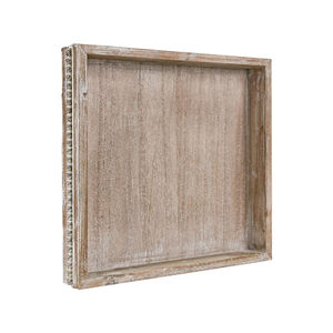 Juego de 2 bandejas rústicas de madera envejecida blanca, estilo otomano, decorativas, tipo butler, con asas metálicas. - Product Image 2